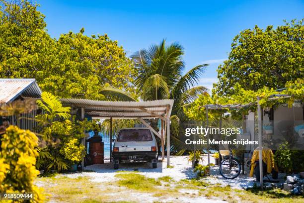 polynesian house at rangiroa lagoon beachfront amidst trees - merten snijders stock pictures, royalty-free photos & images