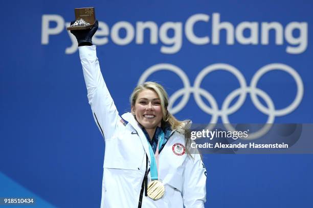 Gold medalist Mikaela Shiffrin of the United States celebrates during the medal ceremony for Alpine Skiing - Ladies' Giant Slalom on day six of the...