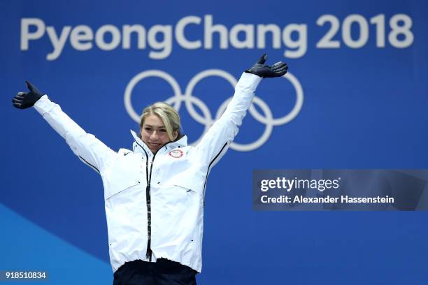 Gold medalist Mikaela Shiffrin of the United States celebrates during the medal ceremony for Alpine Skiing - Ladies' Giant Slalom on day six of the...