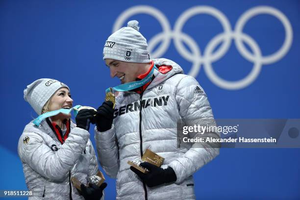 Gold medalists Aljona Savchenko and Bruno Massot of Germany celebrate during the medal ceremony for the Pair Skating Free Skating on day six of the...