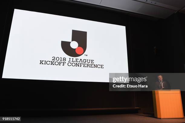 League Chairman Mitsuru Murai addresses during the J.League Kick Off Conference on February 15, 2018 in Tokyo, Japan.