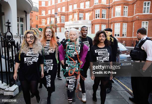 Dame Vivienne Westwood arrives with models in the #INEOSVTHEPEOPLE catwalk presentation outside INEOS headquarters in Hans Crescent on February 15,...