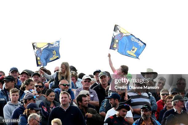 Supporters of the Highlanders look on during the Super Rugby trial match between the Highlanders and the Crusaders at Fred Booth Park on February 15,...