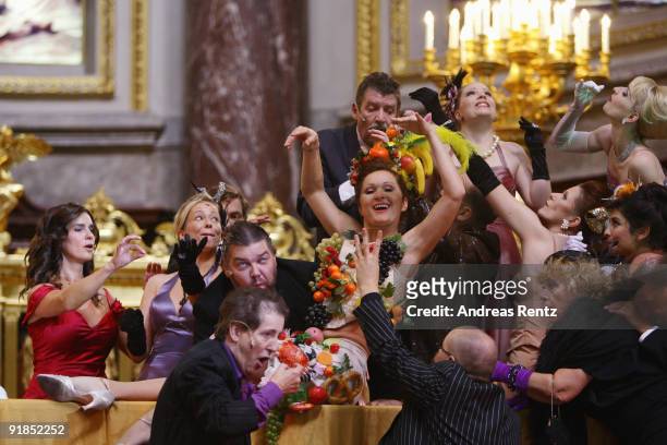 Katarina Witt performs on stage during the 'Jedermann' dress rehearsal at the Berlin Cathedral Church on October 13, 2009 in Berlin, Germany.