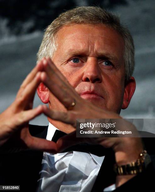 European Ryder Cup Captain Colin Montgomerie addresses the room during the 'A Year to Go' Gala Dinner at The Celtic Manor Resort on October 12, 2009...