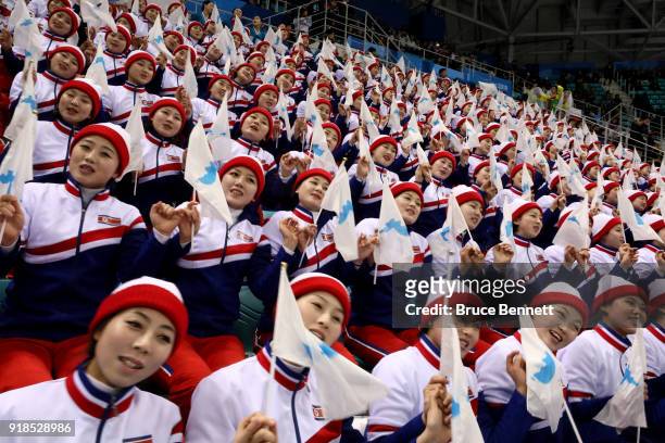North Korean cheerleaders sing prior to the Men's Ice Hockey Preliminary Round Group A game between Czech Republic and Republic of Korea on day six...