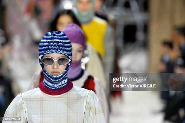 Model walks the runway for Calvin Klein Collection Ready to Wear Fall/Winter 2018-2019 fashion show during New York Fashion Week on February 13, 2018...