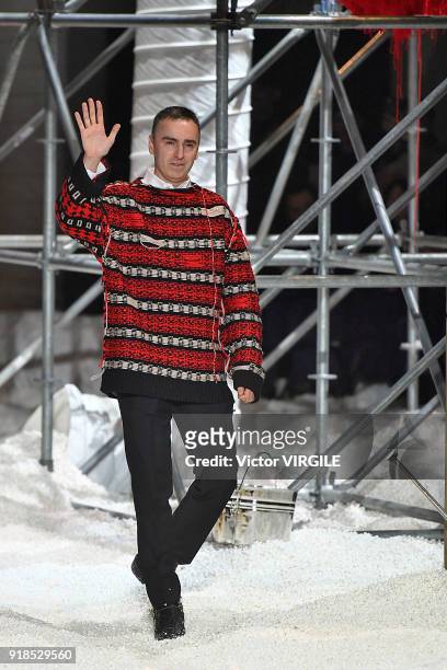 Designer Raf Simons walks the runway for Calvin Klein Collection Ready to Wear Fall/Winter 2018-2019 fashion show during New York Fashion Week on...