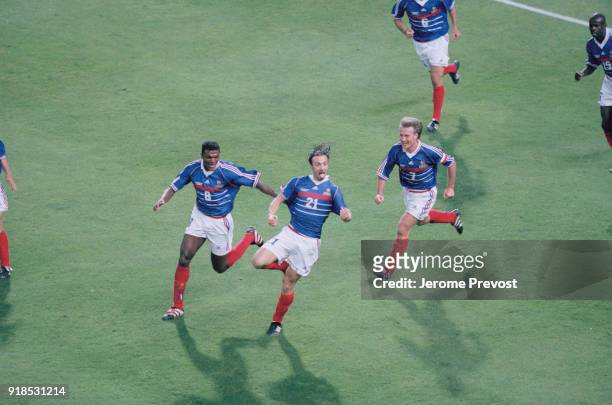 Soccer - 1998 World Cup - France Vs South Africa - French soccer player Christophe Dugarry scores a goal against South Africa - From left to right :...