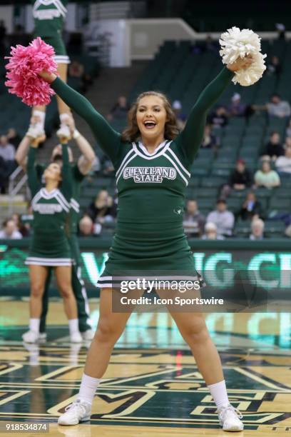 Cleveland State cheerleader performs during the second half of the men's college basketball game between the Detroit Titans and Cleveland State...