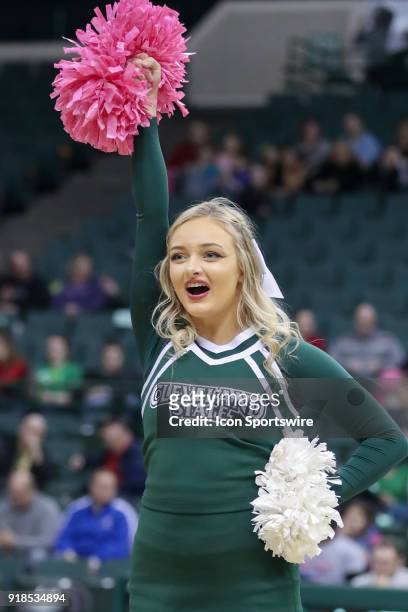 Cleveland State cheerleader performs during the second half of the men's college basketball game between the Detroit Titans and Cleveland State...