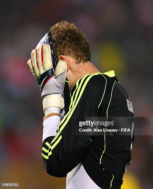 Peter Gulacsi of Hungary shows his dejection at the end of the FIFA U20 World Cup Semi Final match between Ghana and Hungary at the Cairo...