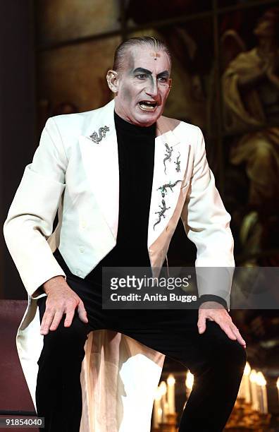 Actor Robert Kreis performs on stage during the 'Jedermann' dress rehearsal at the Berlin Cathedral Church on October 13, 2009 in Berlin, Germany.