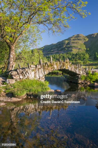 slater's bridge reflected in the river brathay, little langdale, lake district national park, cumbria, england, uk - パックホースブリッジ ストックフォトと画像