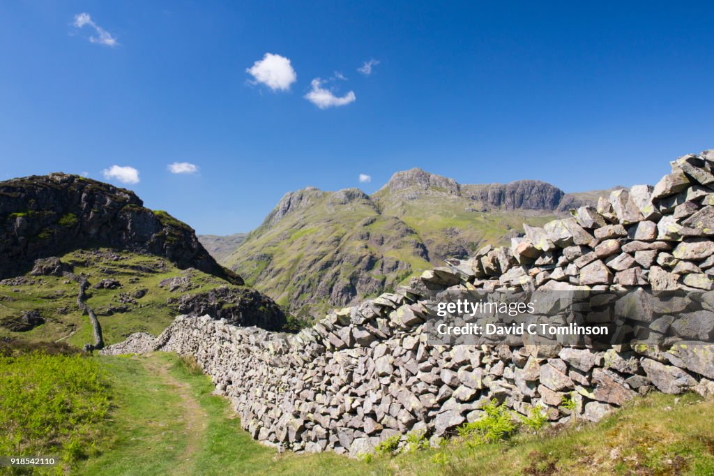 View along dry stone wall to the Langdale Pikes, Great Langdale, Lake District National Park, Cumbria, England, UK