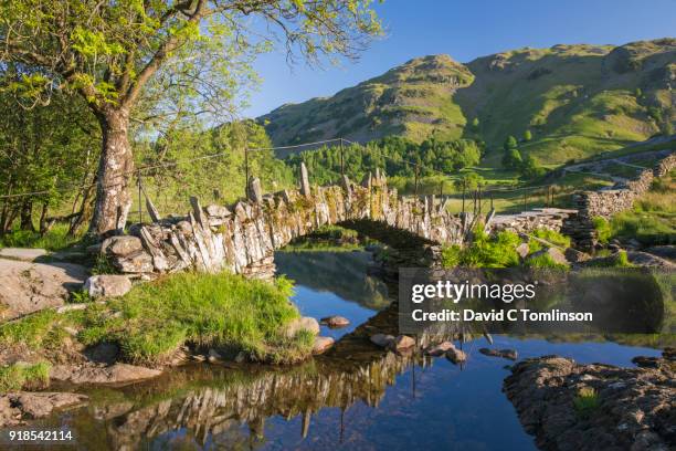 slater's bridge reflected in the river brathay, little langdale, lake district national park, cumbria, england, uk - english lake district fotografías e imágenes de stock