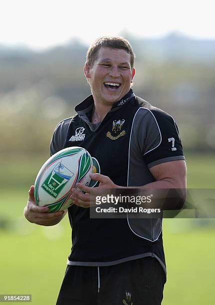 Saints captain Dylan Hartley smiles during the Northampton Saints training session held at Franklin's Gardens on October 13, 2009 in Northampton,...