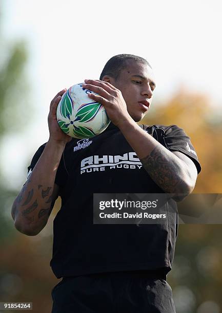 Courtney Lawes, the Saints forward catches the ball during the Northampton Saints training session held at Franklin's Gardens on October 13, 2009 in...