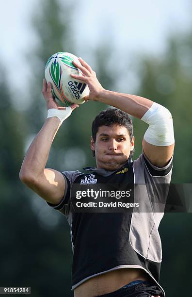 Juandre Kruger catches the ball during the Northampton Saints training session held at Franklin's Gardens on October 13, 2009 in Northampton, England.