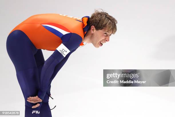 Jorrit Bergsma of the Netherlands reacts after setting an Olympic record during the Speed Skating Men's 10,000m on day six of the PyeongChang 2018...