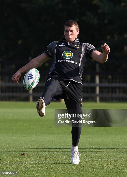 Dylan Hartley kicks the ball upfield during the Northampton Saints training session held at Franklin's Gardens on October 13, 2009 in Northampton,...