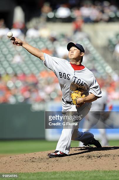 Daisuke Matsuzaka of the Boston Red Sox pitches against the Baltimore Orioles on September 20, 2009 at Camden Yards in Baltimore, Maryland.