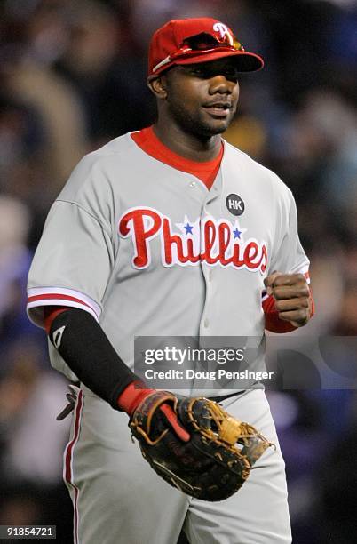 Ryan Howard of the Philadelphia Phillies celebrates after the final out against the Colorado Rockies in Game Four of the NLDS during the 2009 MLB...