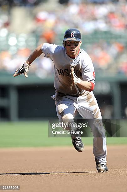 Jacoby Ellsbury of the Boston Red Sox runs the bases against the Baltimore Orioles on September 20, 2009 at Camden Yards in Baltimore, Maryland.