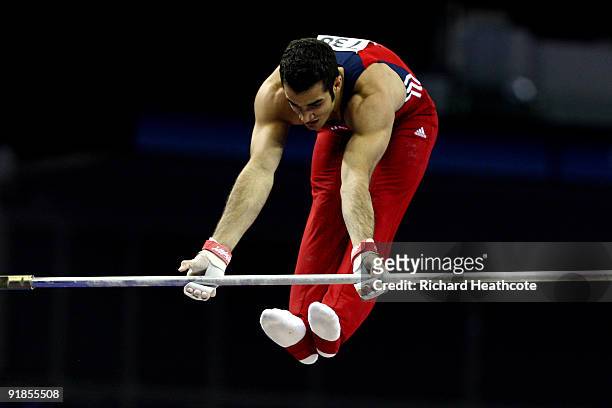 Danell Leyva of United States competes on the horizontal bar during the Artistic Gymnastics World Championships 2009 at O2 Arena on October 13, 2009...