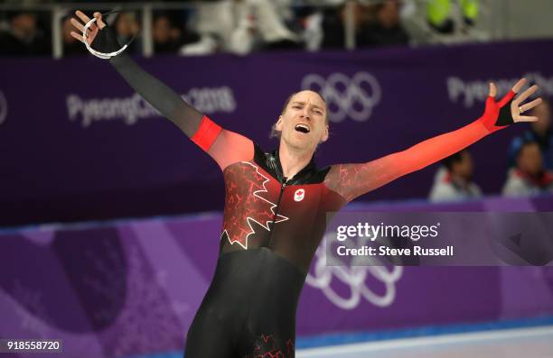 Pyeongchang- FEBRUARY 15 - Ted-Jan Bloemen of Canada crosses the finish line in Olympic record time in the men's 10000 metres in the PyeongChang 2018...