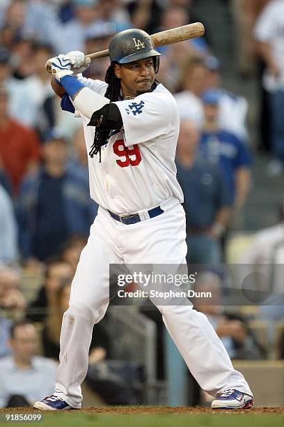 Manny Ramirez of the Los Angeles Dodgers at bat against the St. Louis Cardinals in Game Two of the NLDS during the 2009 MLB Playoffs at Dodger...