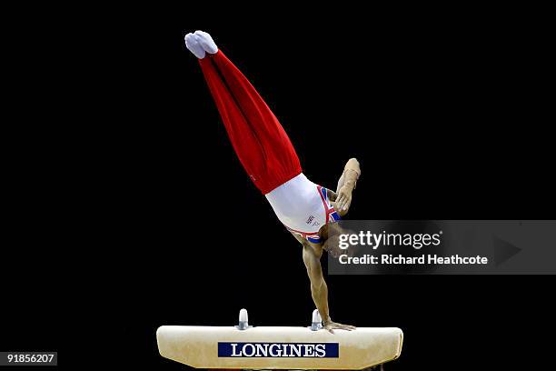 Louis Smith of Great Britain competes in the pommel horse event during the Artistic Gymnastics World Championships 2009 at O2 Arena on October 13,...