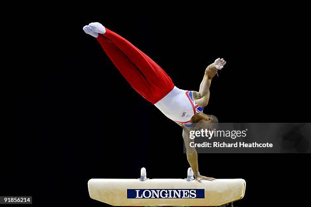 Louis Smith of Great Britain competes in the pommel horse event during the Artistic Gymnastics World Championships 2009 at O2 Arena on October 13,...