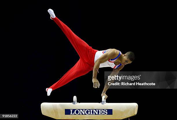 Louis Smith of Great Britain competes in the pommel horse event during the Artistic Gymnastics World Championships 2009 at O2 Arena on October 13,...