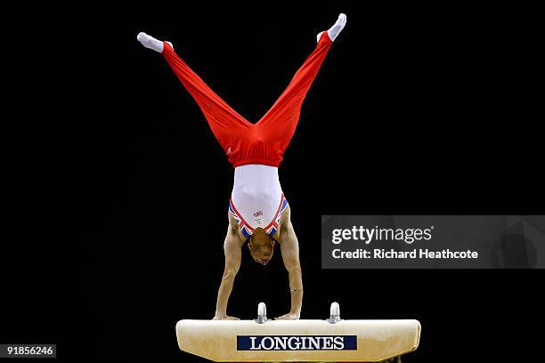 Louis Smith of Great Britain competes in the pommel horse event during the Artistic Gymnastics World Championships 2009 at O2 Arena on October 13,...