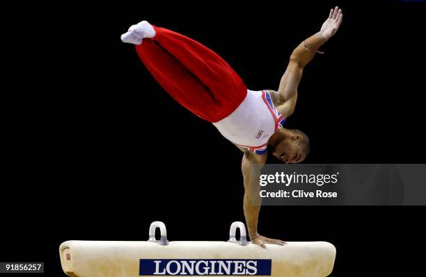 Louis Smith of Great Britain competes in the pommel horse event during the Artistic Gymnastics World Championships 2009 at O2 Arena on October 13,...