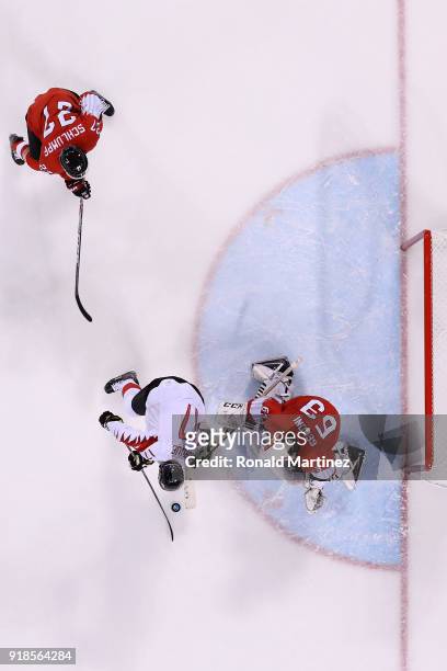 Rene Bourque of Canada scores a goal against Switzerland during the Men's Ice Hockey Preliminary Round Group A game on day six of the PyeongChang...