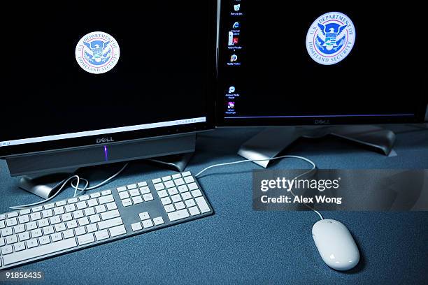 The logos of the U.S. Department of Homeland Security are seen on computer terminals in a training room of the Cyber Crimes Center of the U.S....