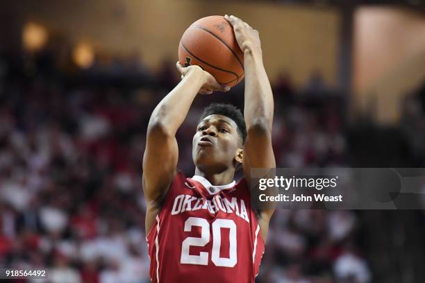 Kameron McGusty of the Oklahoma Sooners shoots a free throw during the game against the Texas Tech Red Raiders on February 13, 2018 at United...