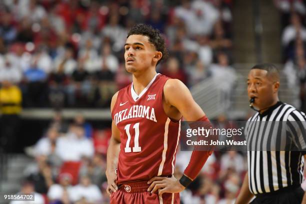 Trae Young of the Oklahoma Sooners stands on the court during the game against the Texas Tech Red Raiders on February 13, 2018 at United Supermarket...