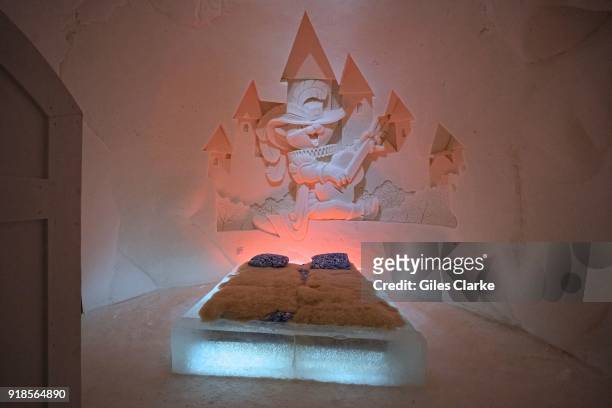 Themed snow-sculpted bedroom featuring 'Puss In Boots' inside the Snow Castle. Pure white snow walls surround the gigantic SnowCastle built entirely...