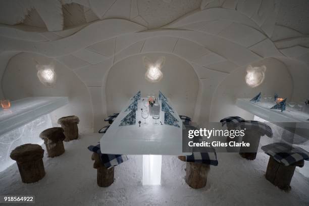 Interior of the Snow Castle in Kemi, Lapland. Pure white snow walls surround the gigantic SnowCastle built entirely out of snow and ice, both made of...