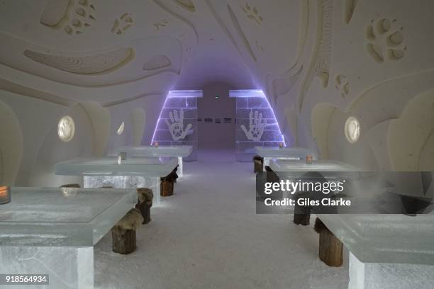 Interior of the Snow Castle in Kemi, Lapland. Pure white snow walls surround the gigantic SnowCastle built entirely out of snow and ice, both made of...