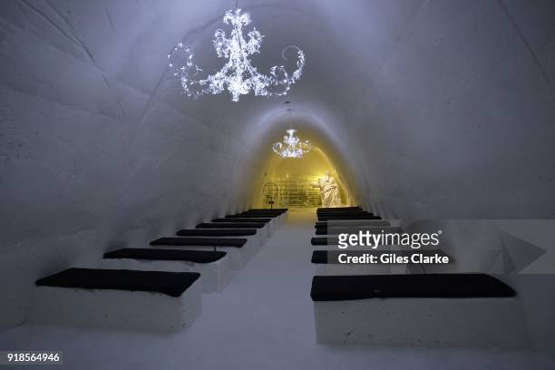 Interior of the Snow Castle in Kemi, Lapland. Pure white snow walls surround the gigantic SnowCastle built entirely out of snow and ice, both made of...