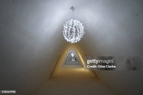 Interior of the Snow Castle in Kemi, Lapland. Pure white snow walls surround the gigantic SnowCastle built entirely out of snow and ice, both made of...