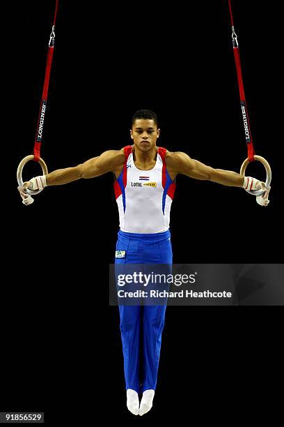 Jeffrey Wammes of Netherlands competes on the rings during the Artistic Gymnastics World Championships 2009 at O2 Arena on October 13, 2009 in...