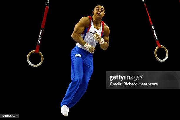 Jeffrey Wammes of Netherlands competes on the rings during the Artistic Gymnastics World Championships 2009 at O2 Arena on October 13, 2009 in...