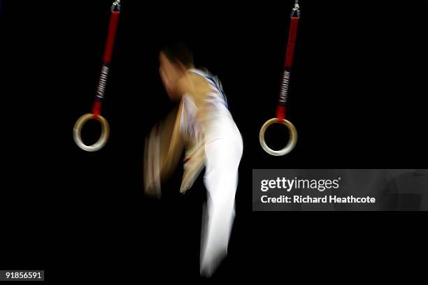 Petrounias Eleftherios of Greece competes on the rings during the Artistic Gymnastics World Championships 2009 at O2 Arena on October 13, 2009 in...