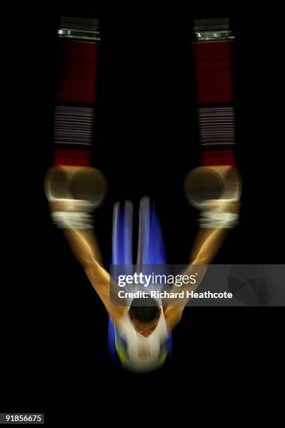 Arthur Nabarrete Zanetti of Brazil competes on the rings during the Artistic Gymnastics World Championships 2009 at O2 Arena on October 13, 2009 in...