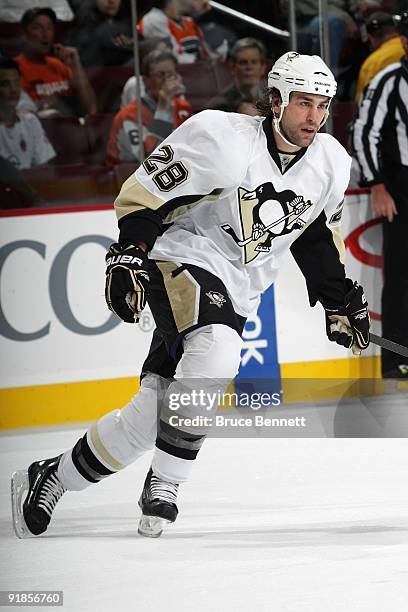 Eric Godard of the Pittsburgh Penguins skates during the game against the Philadelphia Flyers at the Wachovia Center on October 8, 2009 in...